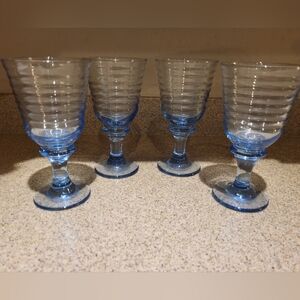 Vintage Libbey Glass 90's Sirrus Blue Glass Water Ribbed Goblets Set Of 4 Nice